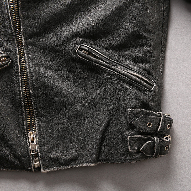 Men's Distressed Stand Collar Cropped Slim Leather Jacket