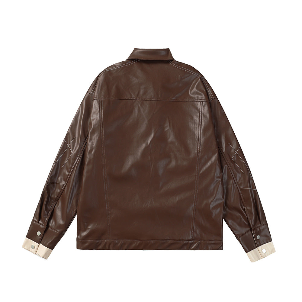 Niche Asymmetric Stitching Contrast Color Leather Jacket