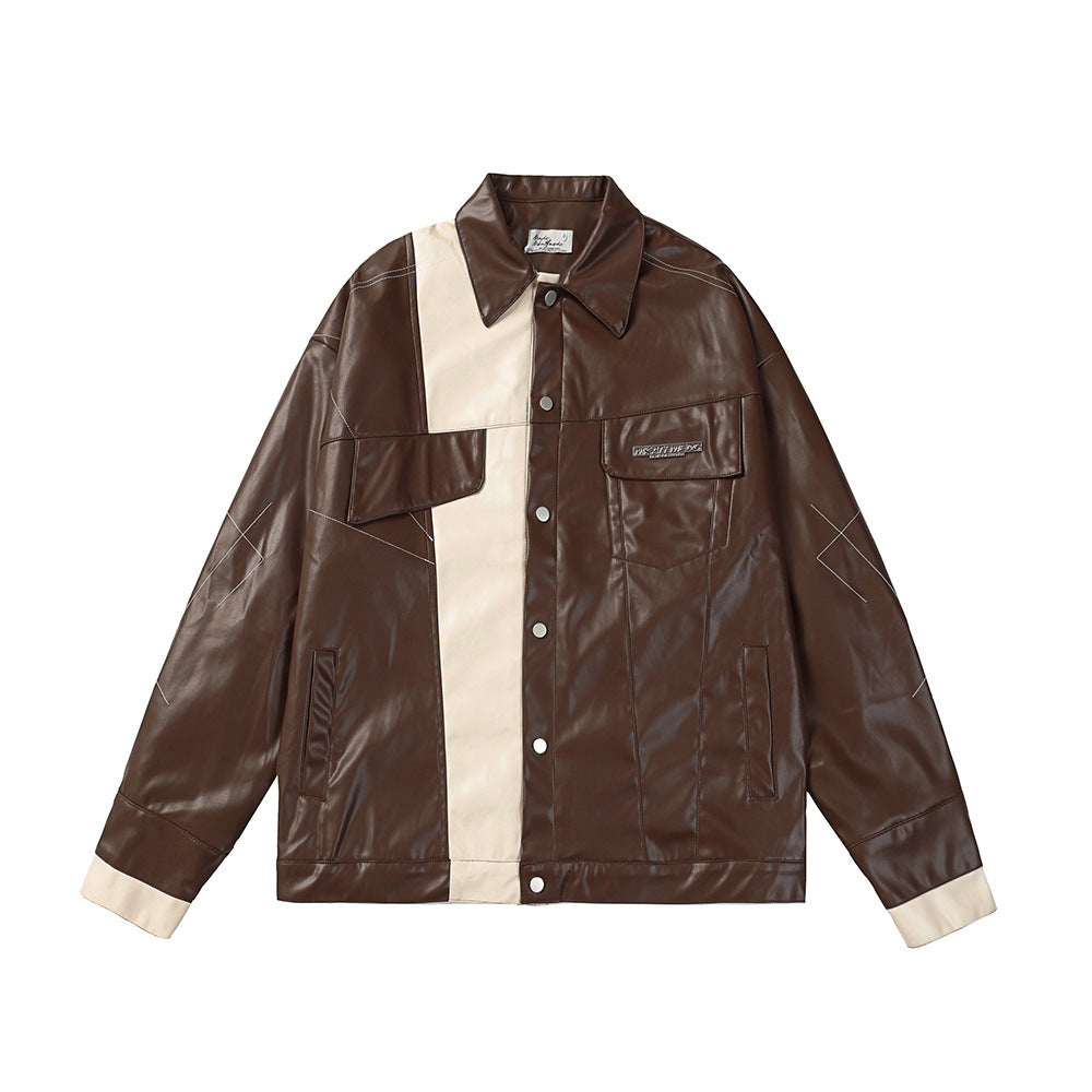 Niche Asymmetric Stitching Contrast Color Leather Jacket