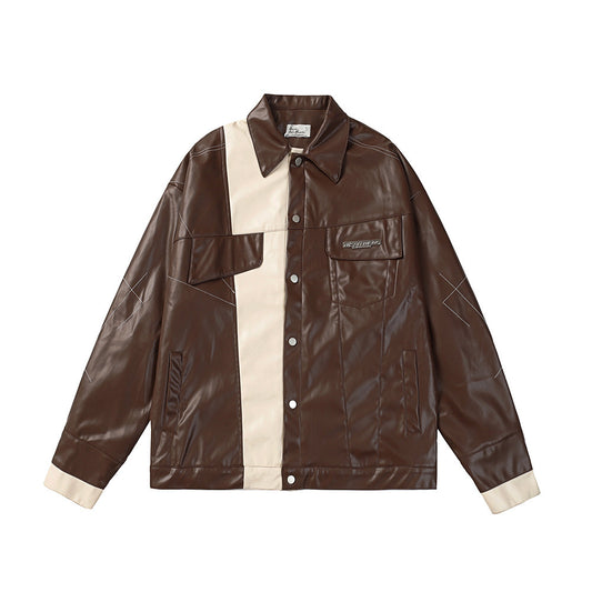 Niche Asymmetric Stitching Contrast Color Leather Jacket