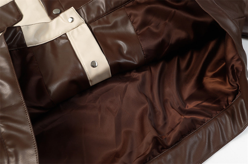 Niche Asymmetric Stitching Contrast Color Leather Jacket