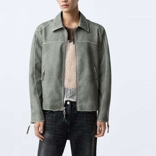 New Men's Zipper Distressed Retro Washed Imitation Leather Jacket Coat