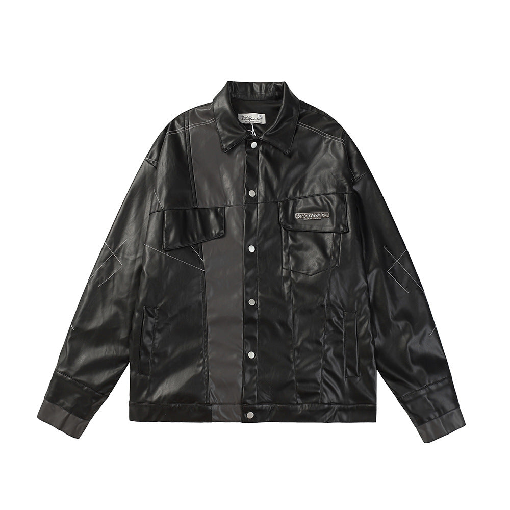 Niche Asymmetric Stitching Contrast Color Leather Jacket