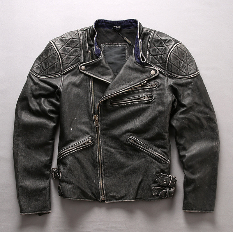 Men's Distressed Stand Collar Cropped Slim Leather Jacket