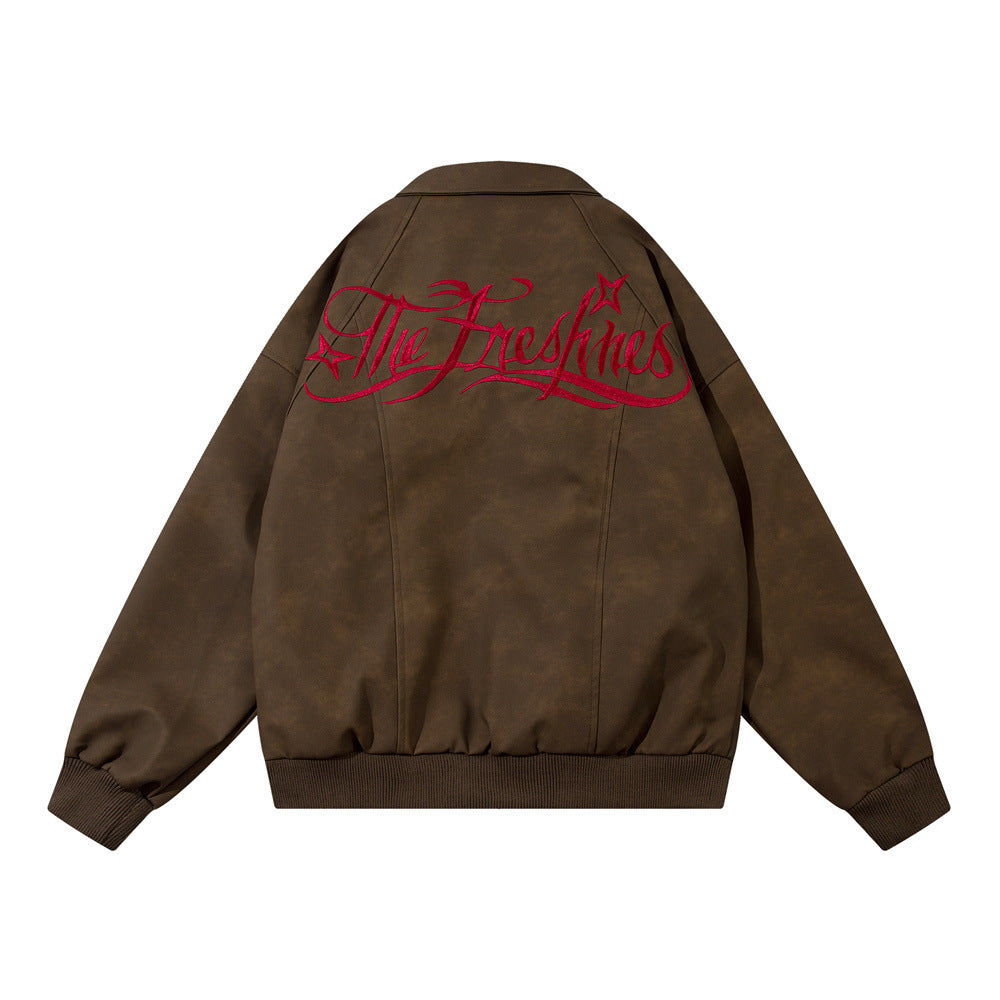 Art Gothic Letter Embroidery Loose Jacket Leather Coat