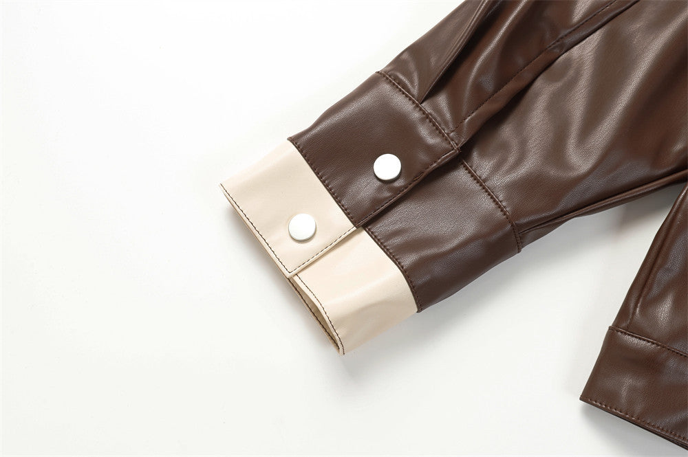 Niche Asymmetric Stitching Contrast Color Leather Jacket